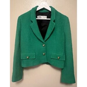 Zara Green Tweed Long Sleeve Notch Lapel Lined Two-Button Cropped Blazer Size XS
